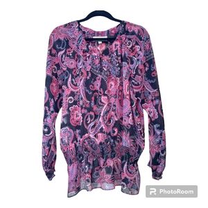 Jones New York Sport Size Medium Ladies Sheer Blouse Black and Pink Paisley
